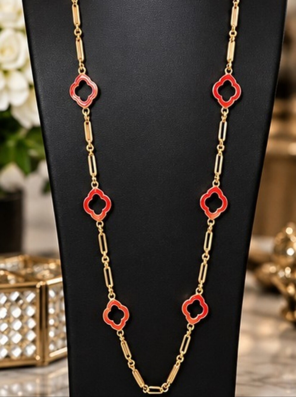 Nawoo NWT 32" Gold Tone Red Enamel Quatrefoil Long Station Necklace